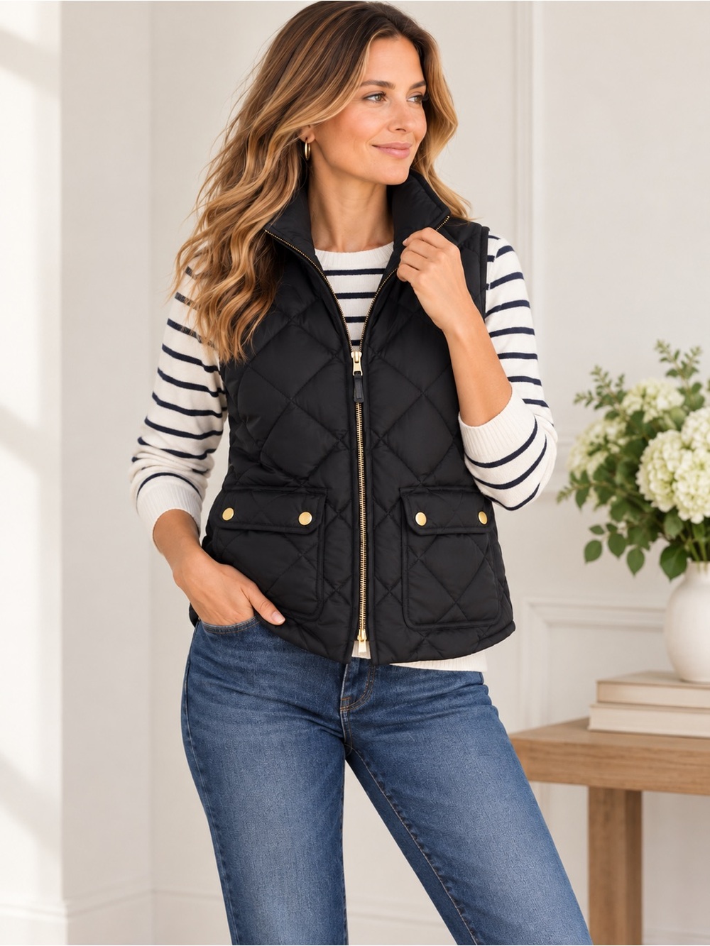 J.Crew Black Quilted Down Puffer Vest Small Gold Snap Pockets